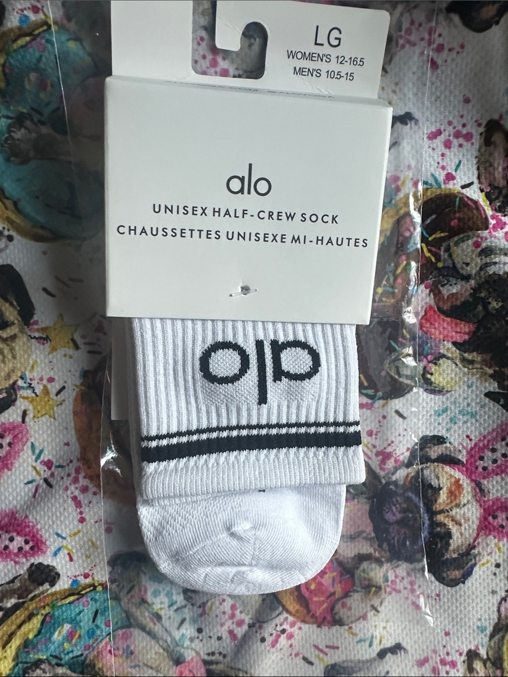 ALO Yoga White Half-Crew Athletic Socks with Black Logo and Stripes
